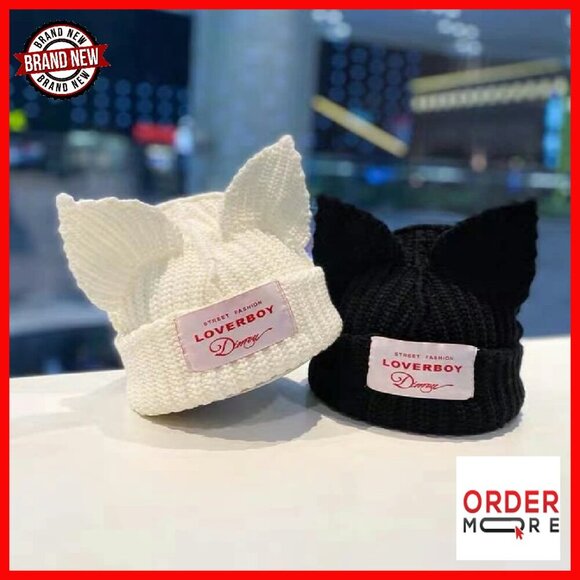 Warm Knit Cotton Slouchy Beanie with Cat Ears One Size Fits Most